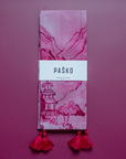 Pasko Pink and red Kitchen Tea Towel with moutain and building print