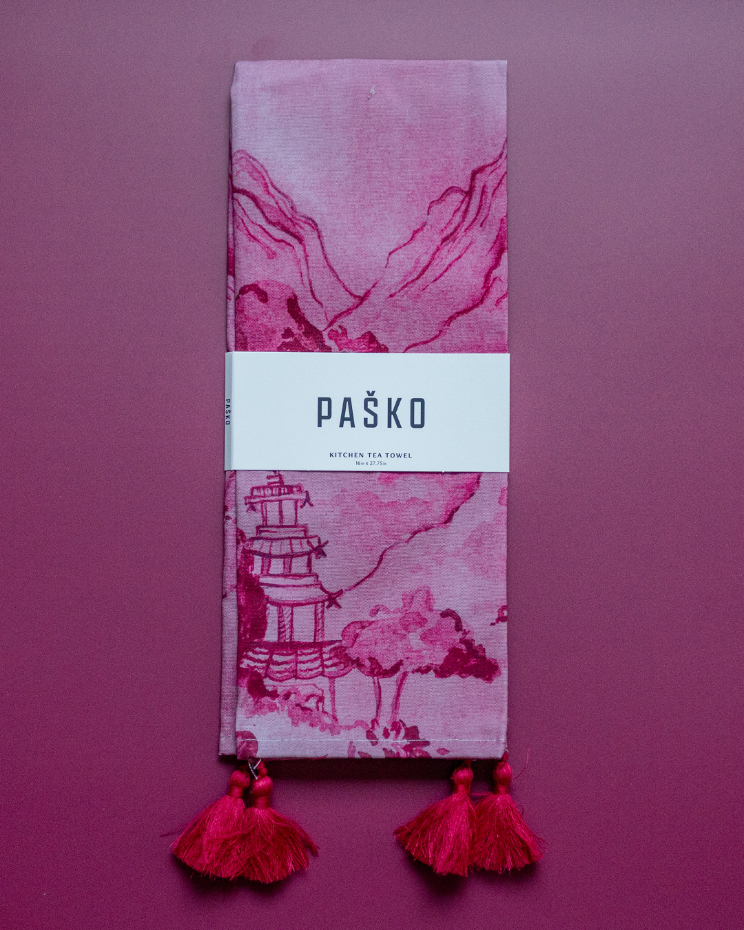 Pasko Pink and red Kitchen Tea Towel  with moutain and building print