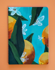 Pasko Valencia Notebook with a design of lemons, leaves, and butterflies on a blue background
